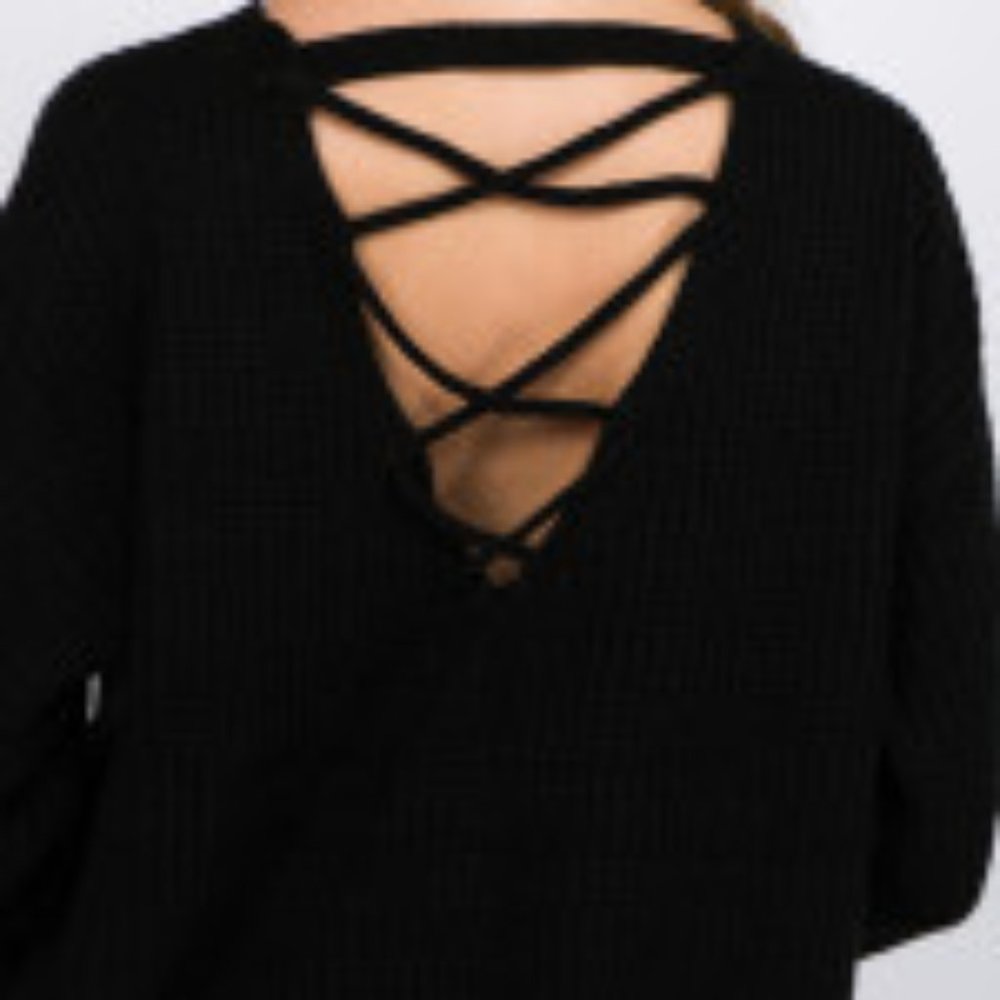 Black knitted sweater with criss cross v neck back